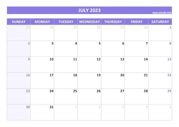 July 2023 calendar printable, free download, purple template July calendar 2023