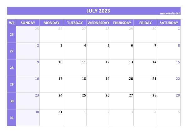 July calendar 2023 with week numbers