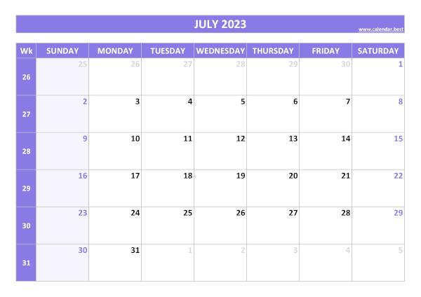 July 2023 calendar printable with week numbers, free download, purple template July calendar 2023 with week numbers