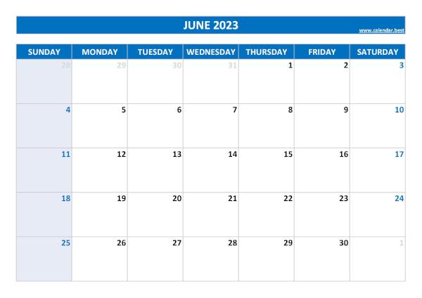 June 2023 printable calendar