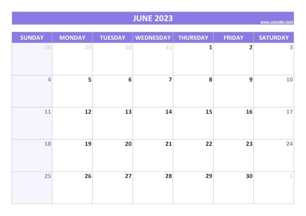 Blank monthly calendar : June 2023