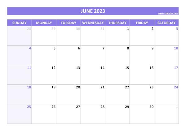 June 2023 calendar printable, free download, purple template June calendar 2023