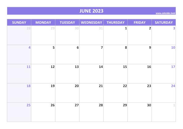 June 2023 printable calendar