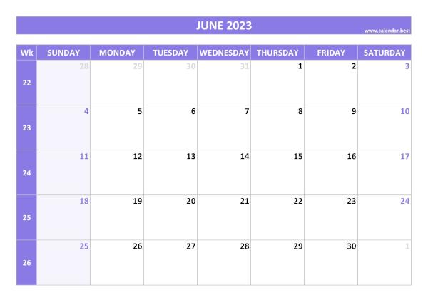 June calendar 2023 with week numbers