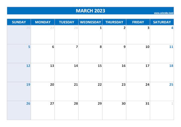 Monthly calendar for the month of March 2023
