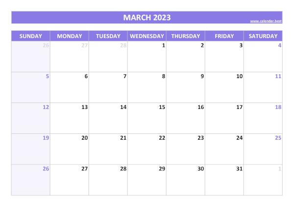 March 2023 calendar printable, free download, purple template March calendar 2023