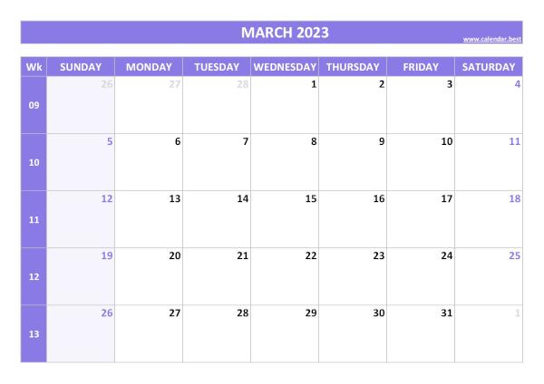 March calendar 2023 with week numbers