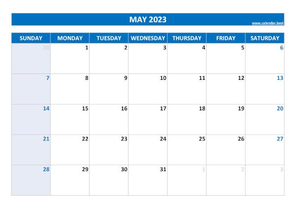 Blank monthly calendar : May 2023