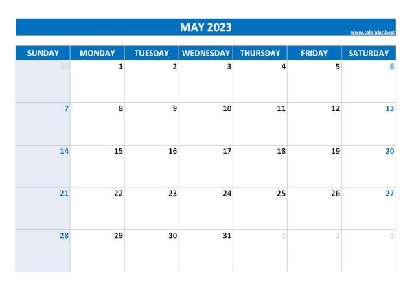 Monthly calendar printable, May 2023, blue template Blank monthly calendar : May 2023