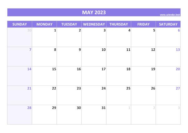 May 2023 calendar printable, free download, purple template May calendar 2023