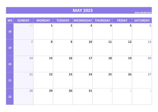 May 2023 calendar printable with week numbers, free download, purple template May calendar 2023 with week numbers