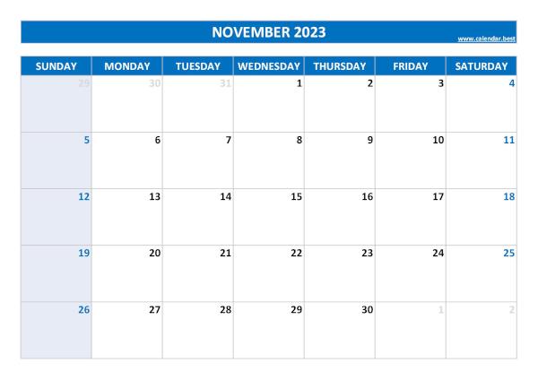 Blank monthly calendar : November 2023
