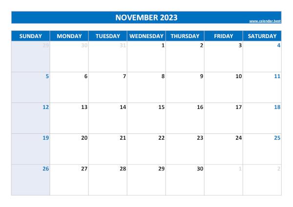 Monthly calendar printable, November 2023, blue template Blank monthly calendar : November 2023