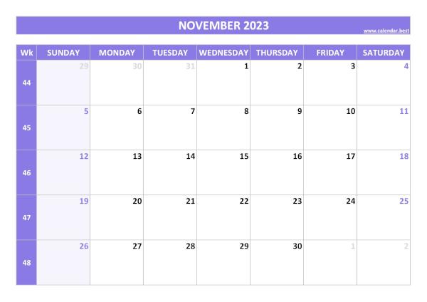 November calendar 2023 with week numbers