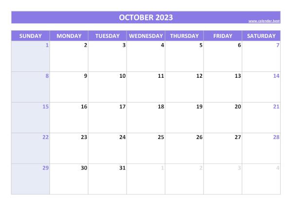 Monthly calendar printable, October 2023, purple template Blank monthly calendar : October 2023