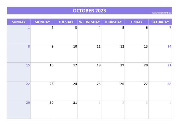 October 2023 printable calendar