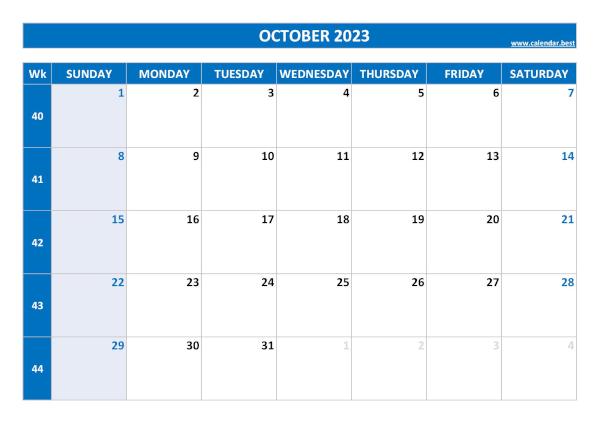 October 2023 calendar printable with week numbers, free download, blue template October calendar 2023 with week numbers