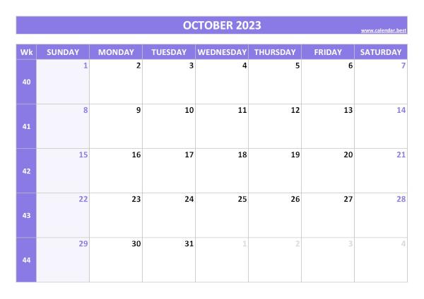 October 2023 calendar printable with week numbers, free download, purple template October calendar 2023 with week numbers