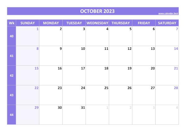 October calendar 2023 with week numbers