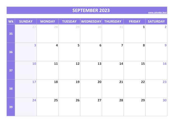 September 2023 calendar printable with week numbers, free download, purple template September calendar 2023 with week numbers