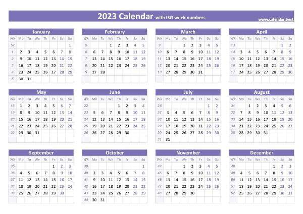 2023 calendar with week numbers.