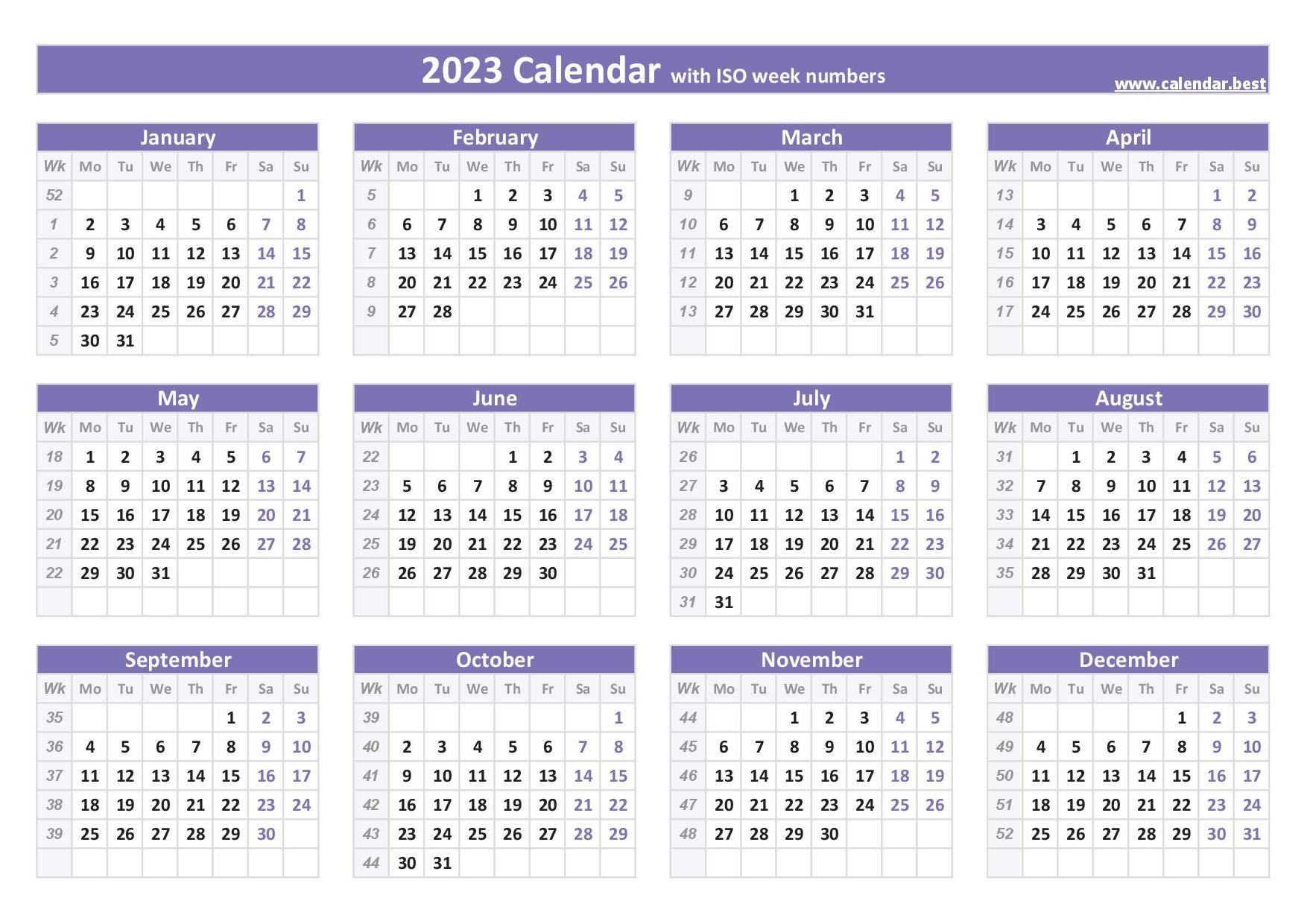 2023 calendar with week numbers (US and ISO week numbers)