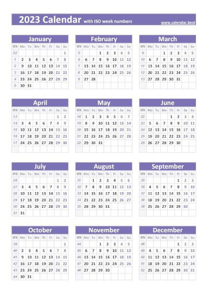 2023 calendar with ISO weeks, purple template
