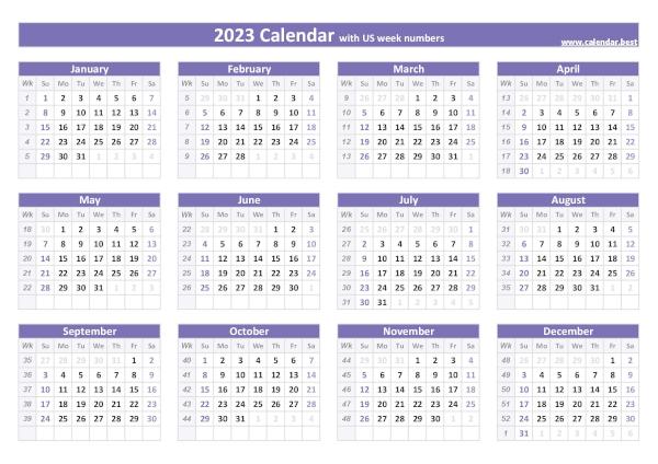2023 calendar with week numbers.