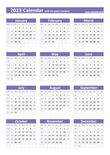 2023 calendar with US weeks, purple template