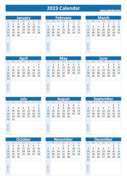 2023 calendar with blank notes
