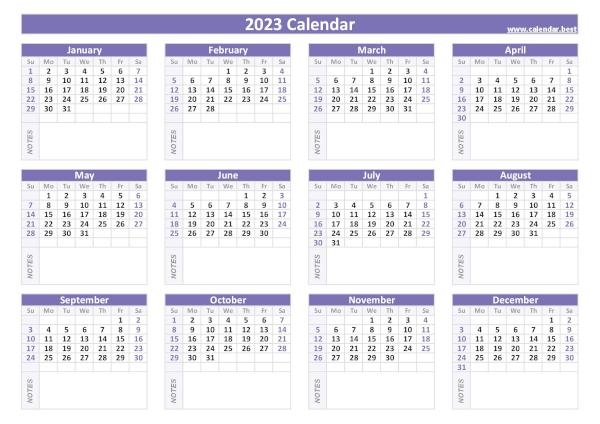 2023 calendar with blank notes