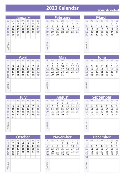 2023 calendar with blank notes