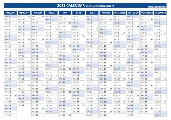 2023 yearly calendar with ISO week numbers