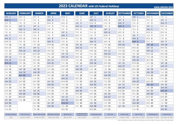 Printable 2023 calendar with holidays, free dowload in pdf or jpg, blue template. 2023 yearly calendar with holidays
