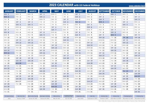 2023 yearly calendar with holidays