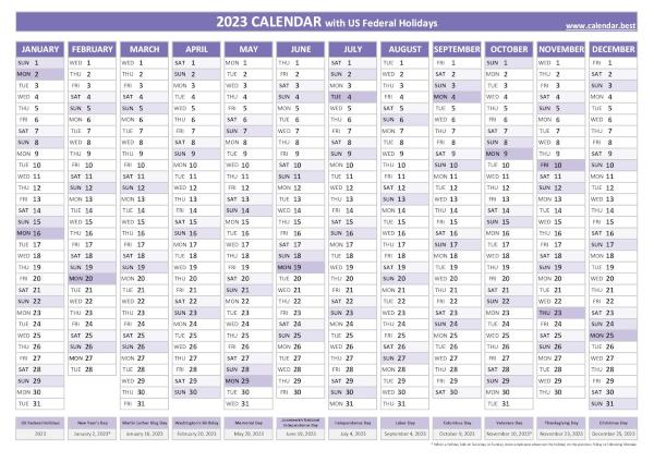 Printable 2023 calendar with holidays, free dowload in pdf or jpg, purple template. 2023 yearly calendar with holidays
