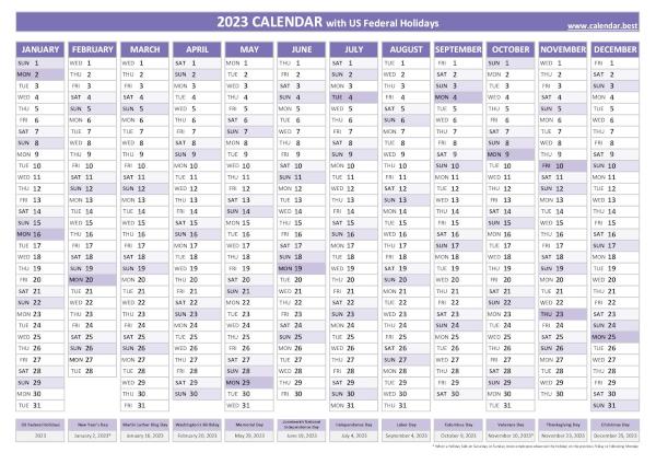 2023 yearly calendar with holidays