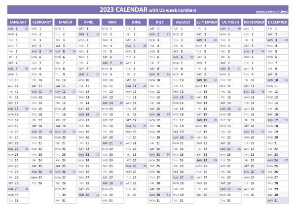 2023 calendar with week numbers (US and ISO week numbers)