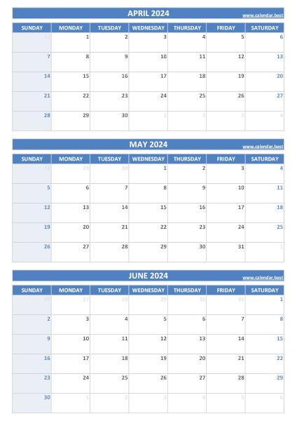 Calendar for 2nd quarter 2024: April, May and June 2024