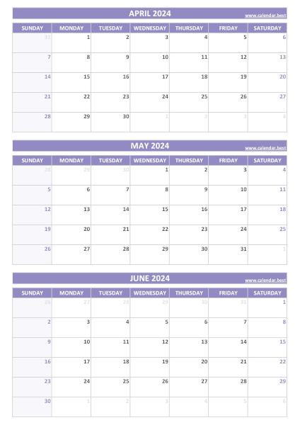 Quarterly calendar for April, May and June 2024 download pdf and print A4 portrait, purple theme Q2 Quarterly Calendar 2024 to print in portrait format