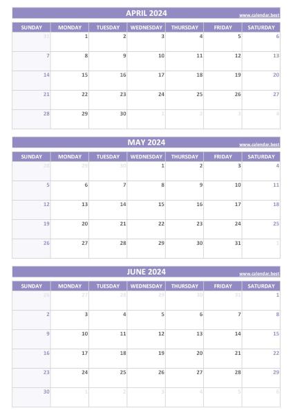 Q2 Quarterly Calendar 2024  to print in portrait format