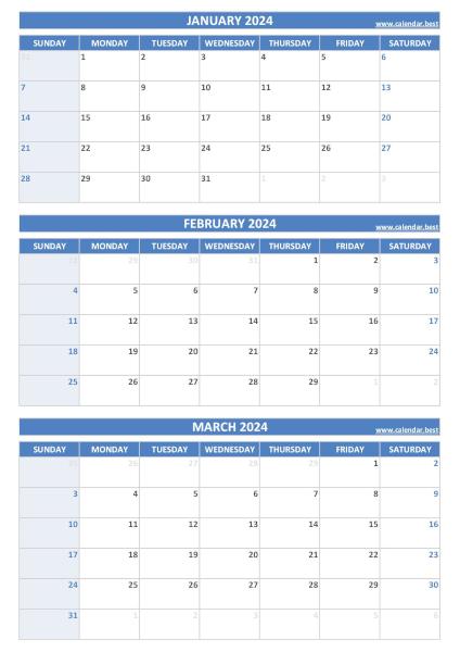 Calendar for 1st quarter 2024: January, February and March 2024