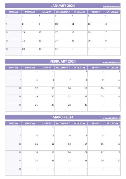 Quarterly calendar for January, February and March 2024 download pdf and print A4 portrait, purple theme Q1 Quarterly Calendar 2024 to print in portrait format