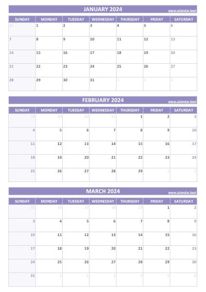 Q1 Quarterly Calendar 2024  to print in portrait format