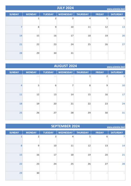 Calendar for 3rd quarter 2024: July, August and September 2024