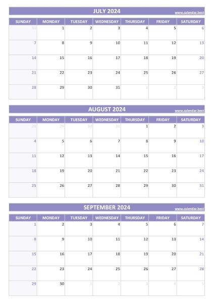 Q3 Quarterly Calendar 2024  to print in portrait format