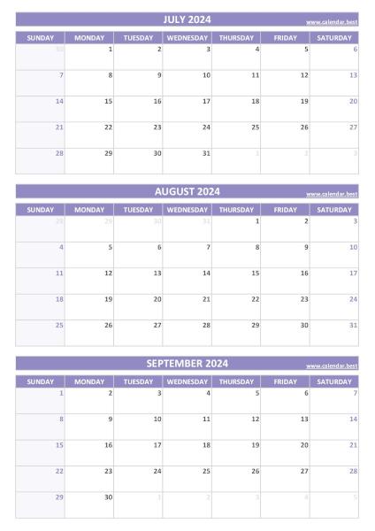 Q3 Quarterly Calendar 2024  to print in portrait format