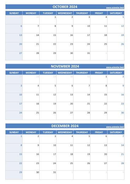 Calendar for 4th quarter 2024: October, November and December 2024