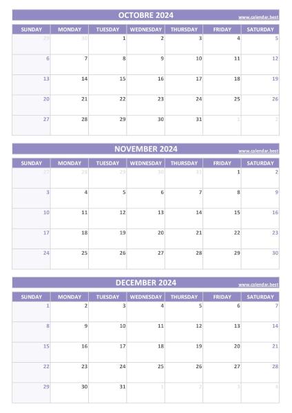 Q4 Quarterly Calendar 2024  to print in portrait format