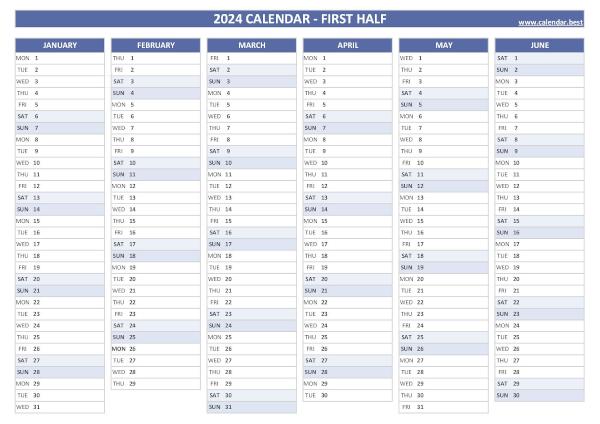 Blank calendar for first half 2024